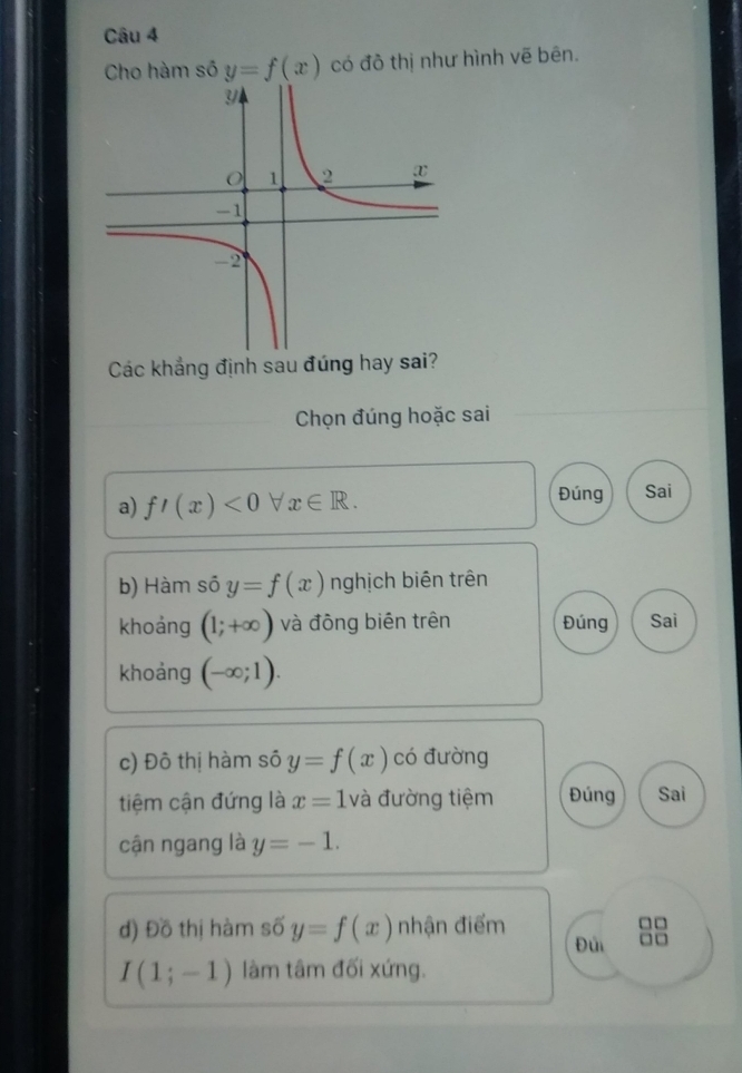 Cho hàm số y=f(x) có đồ thị như hình vẽ bēn.
Các khẳng định sau đúng hay sai?
Chọn đúng hoặc sai
a) f'(x)<0</tex> V x∈ R. Đúng Sai
b) Hàm số y=f(x) nghịch biên trên
khoảng (1;+∈fty ) và đông biên trên Đúng Sai
khoảng (-∈fty ;1).
c) Đô thị hàm số y=f(x) có đường
tiệm cận đứng là x=1 và đường tiệm Đúng Sai
cận ngang là y=-1.
d) Đồ thị hàm số y=f(x) nhận điểm Đùi
I(1;-1) làm tâm đối xứng.