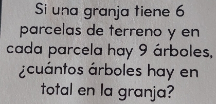 Si una granja tiene 6
parcelas de terreno y en 
cada parcela hay 9 árboles, 
¿cuántos árboles hay en 
total en la granja?