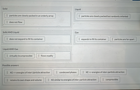 Solid Liquid
II particles are closely packed in an orderly array particles are closely packed but randomly oriented
 12/11  does not flow
Solid AND Liquid Gas
 11/11  does not expand to fill its container expands to fill its container □ particles are far apart
Liquid AND Gas
 81/81  virtually incompressible  □ /□   flows readily
Possible answers
KE << energies of inter-particle attraction  overline II condensed phases KE >> energies of inter-particle attraction
overline EI retains its own shape and volume □  KE similar to energies of inter-particle attraction beginarrayr □  □ endarray compressible