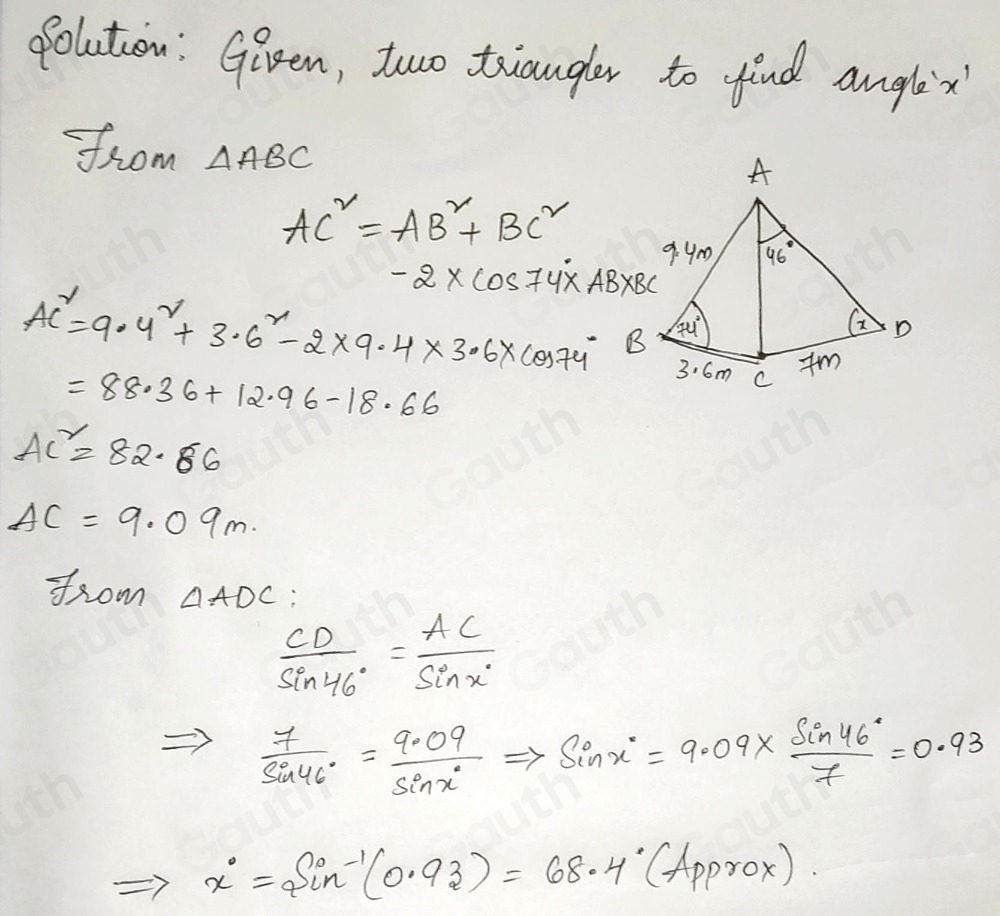 Solved: Two triangles are joined together as show x is an acute angle ...