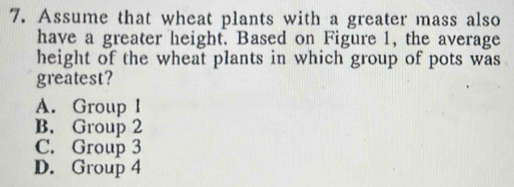 Assume that wheat plants with a greater mass also
have a greater height. Based on Figure 1, the average
height of the wheat plants in which group of pots was
greatest?
A. Group l
B. Group 2
C. Group 3
D. Group 4