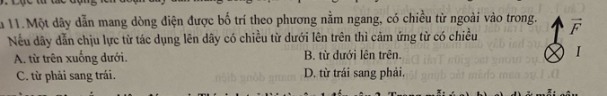 la 11.Một dây dẫn mang dòng điện được bố trí theo phương nằm ngang, có chiều từ ngoài vào trong. vector F
Nếu dây dẫn chịu lực từ tác dụng lên dây có chiều từ dưới lên trên thì cảm ứng từ có chiều
A. từ trên xuống dưới. B. từ dưới lên trên. I
C. từ phải sang trái. D. từ trái sang phải,