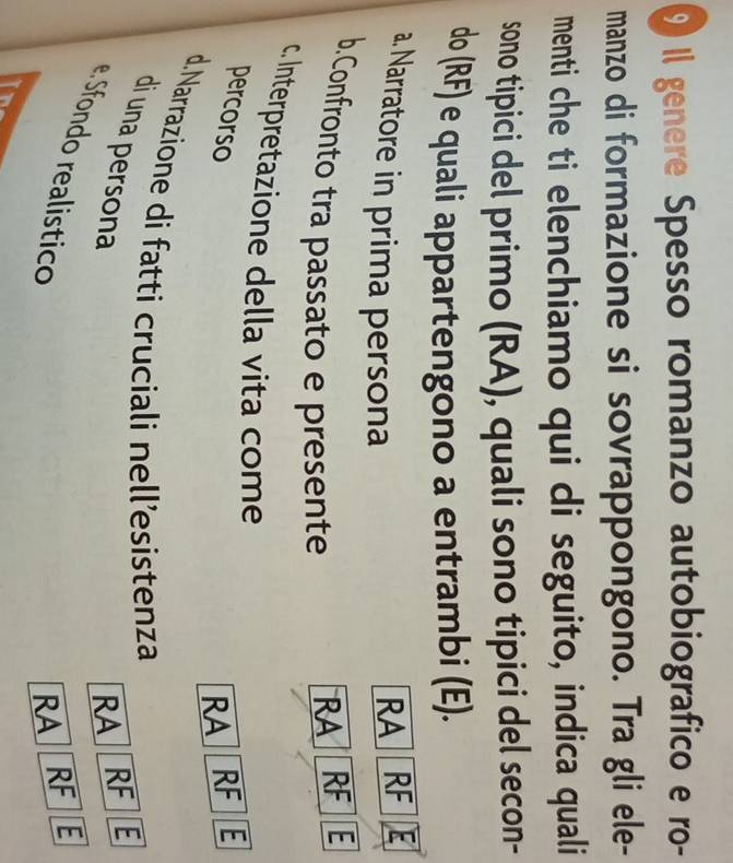 Il genere Spesso romanzo autobiografico e ro-
manzo di formazione si sovrappongono. Tra gli ele-
menti che ti elenchiamo qui di seguito, indica quali
sono tipici del primo (RA), quali sono tipici del secon-
do (RF) e quali appartengono a entrambi (E).
a. Narratore in prima persona
RA RF E
b.Confronto tra passato e presente
RA RF E
c. Interpretazione della vita come RF E
percorso
RA
d.Narrazione di fatti cruciali nell’esistenza
di una persona
RA RF E
e. Sfondo realístico
RA RF E