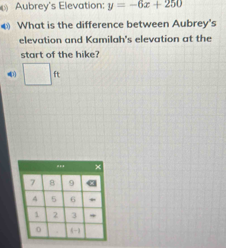 Solved: Aubrey's Elevation: y=-6x+250 What is the difference between ...