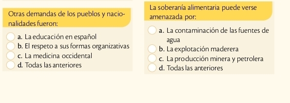 La soberanía alimentaria puede verse
Otras demandas de los pueblos y nacio- amenazada por:
nalidades fueron:
a. La contaminación de las fuentes de
a. La educación en español agua
b. El respeto a sus formas organizativas b. La explotación maderera
c. La medicina occidental c. La producción minera y petrolera
d. Todas las anteriores d. Todas las anteriores