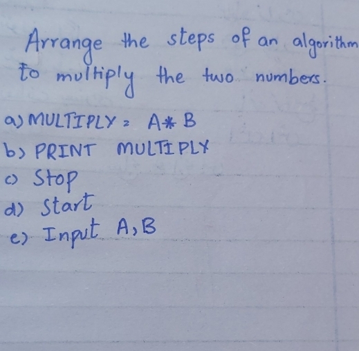 Arrange the steps of an algorithn 
to moltiply the two numbers. 
a) MULTIPLY z A*B
b) PRINT MULTI PLY 
() Stop 
() start 
() Input A, B