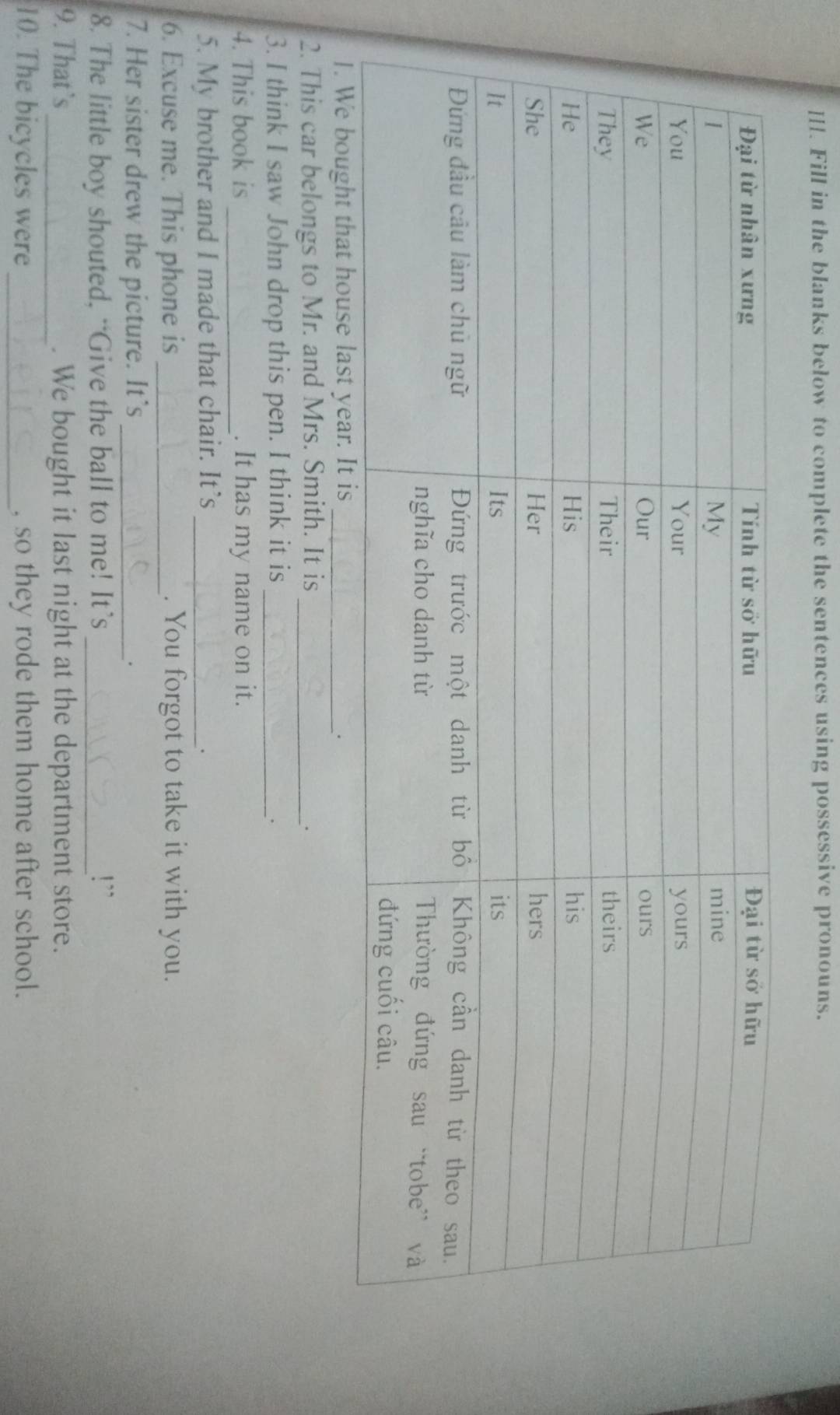 Fill in the blanks below to complete the sentences using possessive pronouns. 
2. This car belongs to Mr. and Mrs. Smith. It is_ 
. 
3. I think I saw John drop this pen. I think it is_ 
. 
4. This book is _. It has my name on it. 
5. My brother and I made that chair. It’s_ 
. 
6. Excuse me. This phone is_ . You forgot to take it with you. 
7. Her sister drew the picture. It’s _. 
8. The little boy shouted, “Give the ball to me! It’s _!`` 
9. That`s_ . We bought it last night at the department store. 
10. The bicycles were_ , so they rode them home after school.