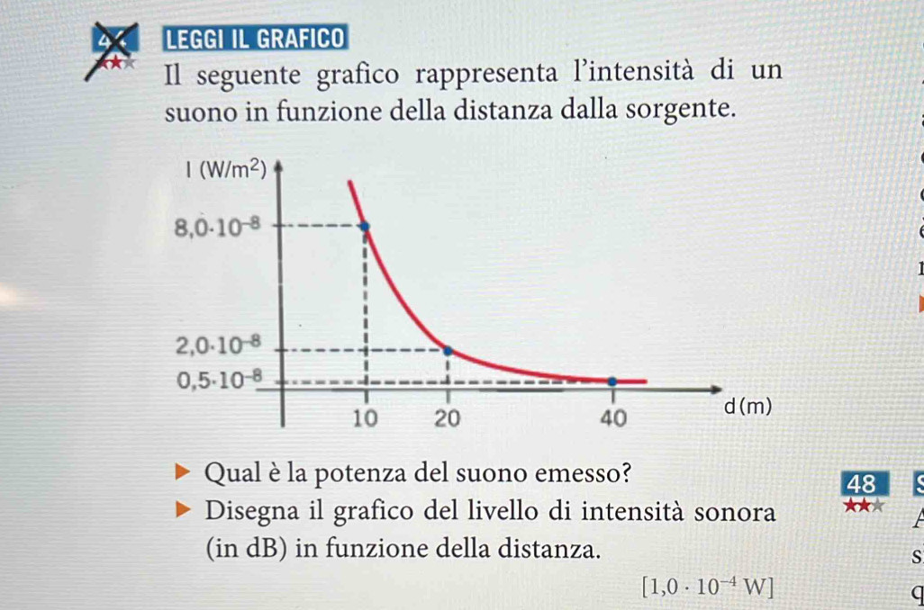 LEGGI IL GRAFICO
Il seguente grafico rappresenta l'intensità di un
suono in funzione della distanza dalla sorgente.
Qual è la potenza del suono emesso?
48
Disegna il grafico del livello di intensità sonora ★★*
(in dB) in funzione della distanza.
s
[1,0· 10^(-4)W]
q