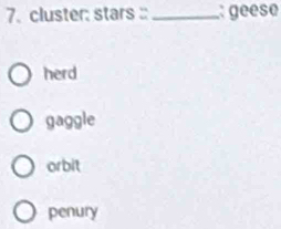 cluster: stars : _: geesø
herd
gaggle
orbit
penury