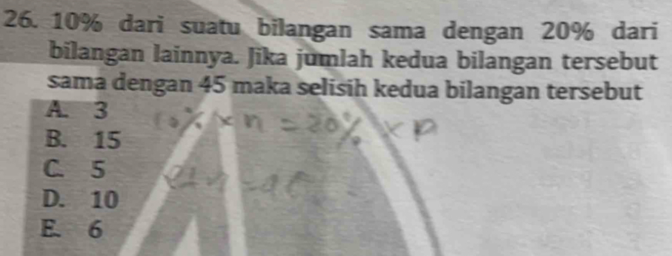 10% dari suatu bilangan sama dengan 20% dari
bilangan lainnya. Jika jumlah kedua bilangan tersebut
sama dengan 45 maka selisih kedua bilangan tersebut
A. 3
B. 15
C. 5
D. 10
E. 6