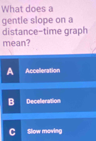 What does a
gentle slope on a
distance-time graph
mean?
A Acceleration
B Deceleration
Slow moving