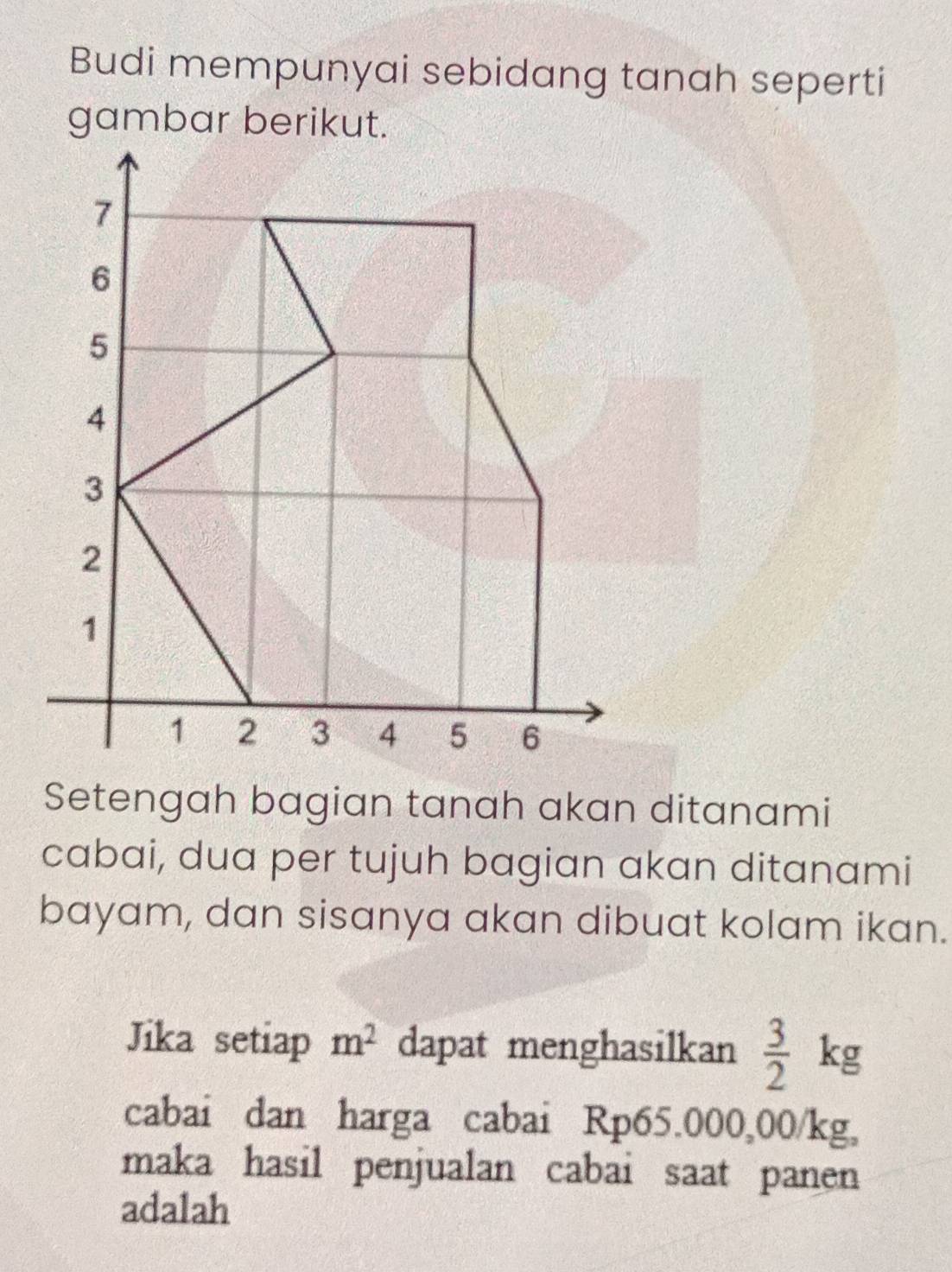 Budi mempunyai sebidang tanah seperti 
gambar berikut.
7
6
5
4
3
2
1
1 2 3 4 5 6
Setengah bagian tanah akan ditanami 
cabai, dua per tujuh bagian akan ditanami 
bayam, dan sisanya akan dibuat kolam ikan. 
Jika setiap m^2 dapat menghasilkan  3/2  kg
cabai dan harga cabai Rp65.000,00/kg, 
maka hasil penjualan cabai saat panen 
adalah