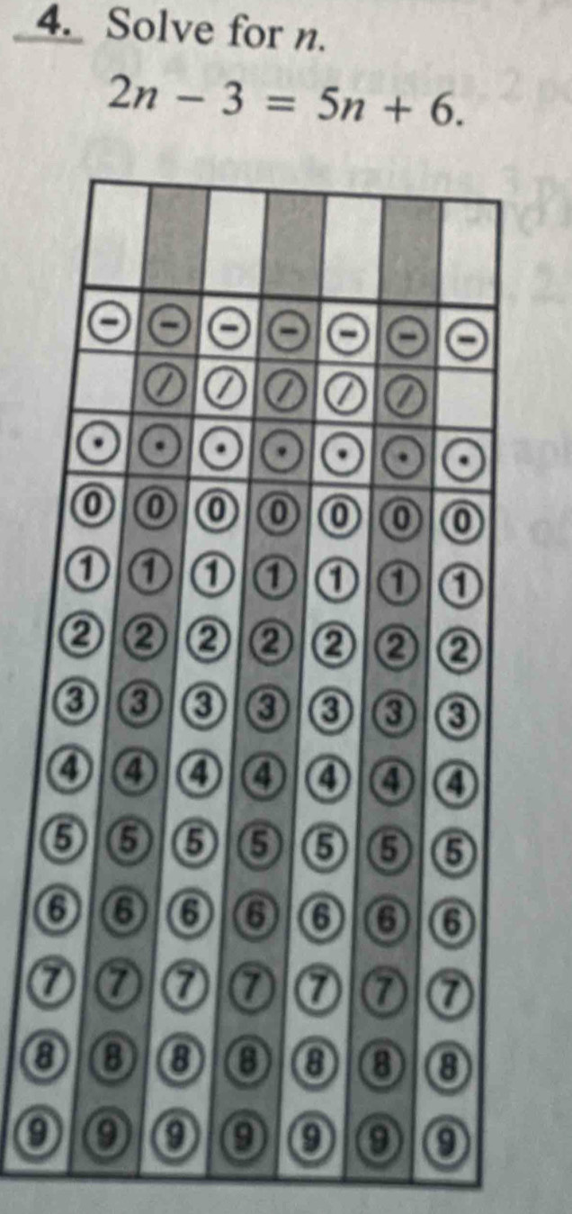 Solve for n.
2n-3=5n+6.
7
a
0