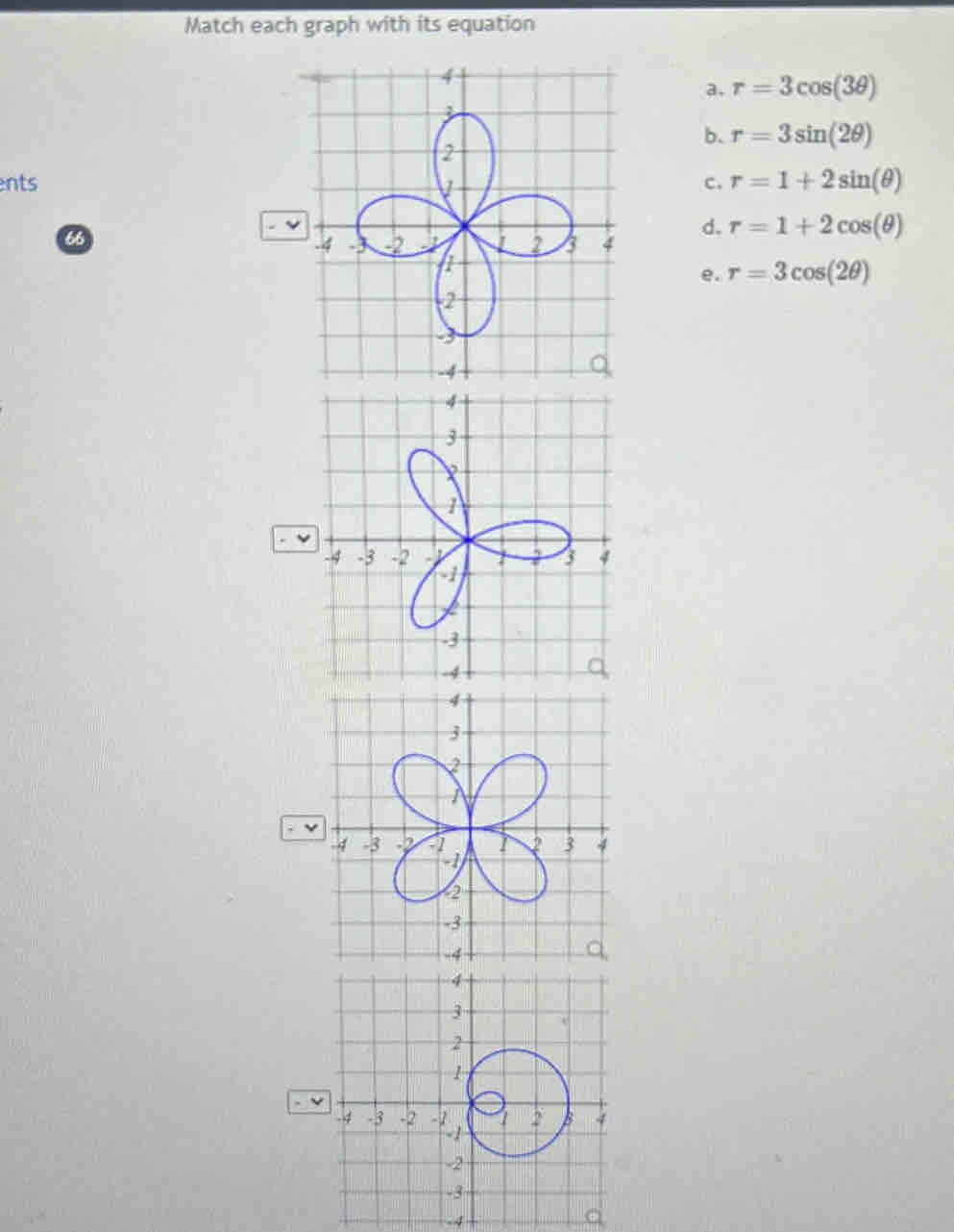 Match each graph with its equation
a. r=3cos (3θ )
b. r=3sin (2θ )
ents c. r=1+2sin (θ )
66 - v
d. r=1+2cos (θ )
e. r=3cos (2θ )
ν
4
-4