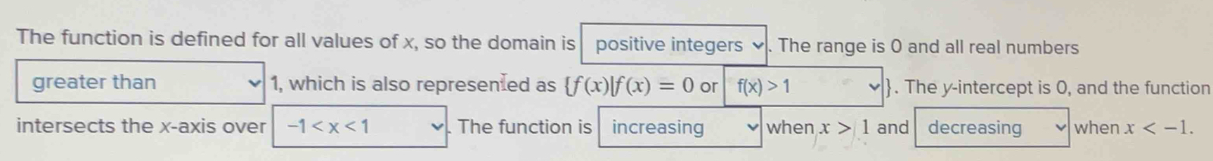 The function is defined for all values of x, so the domain is positive integers . . The range is O and all real numbers 
greater than 1, which is also represen₹ed as  f(x)|f(x)=0 or f(x)>1 . The y-intercept is 0, and the function 
intersects the x-axis over -1 . The function is increasing when x>1 and decreasing when x .