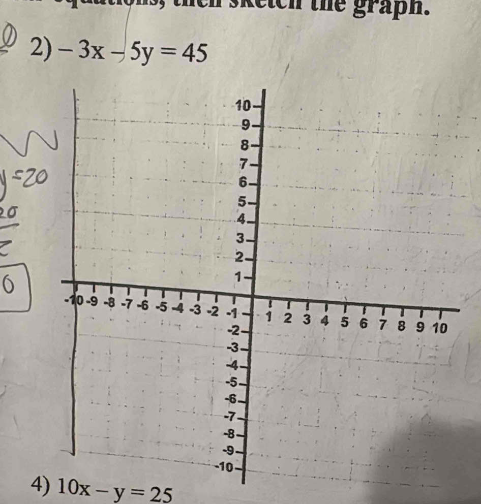 then sketen the graph.
2) -3x-5y=45
6
4) 10x-y=25