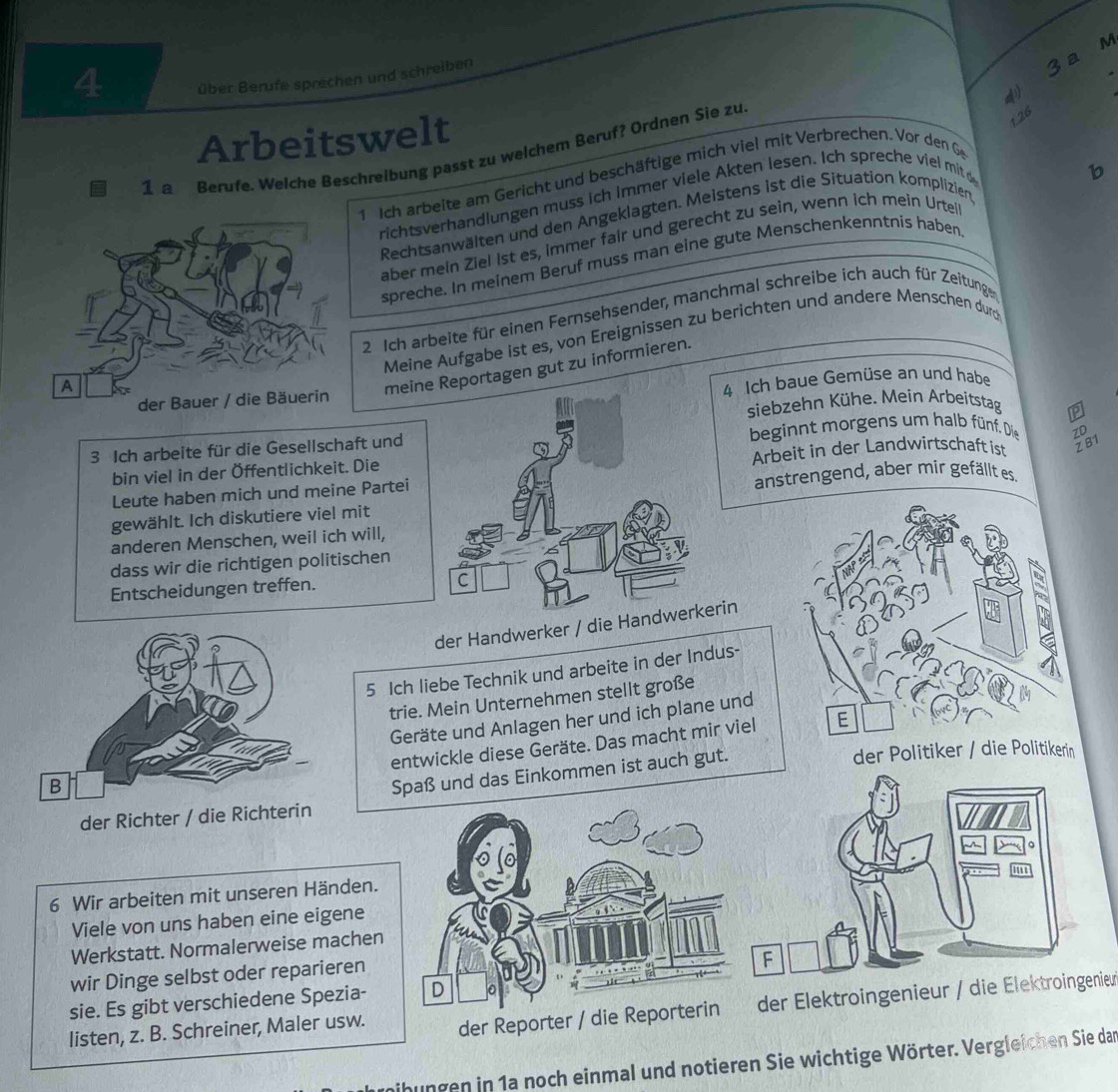 4
über Berufe sprechen und schreiben
3 a M

Arbeitswelt
1.26
1 a Berufe. Welche Beschreibung passt zu welchem Beruf? Ordnen Sie zu
1 ch arbeite am Gericht und beschäftige mich viel mit Verbrechen. Vor den G
richtsverhandlungen muss ich Immer viele Akten lesen. Ich spreche viel mit d
Rechtsanwälten und den Angeklagten. Meistens ist die Situation komplizien
aber mein Ziel ist es, immer fair und gerecht zu sein, wenn ich mein Urtei b
spreche. In meinem Beruf muss man eine gute Menschenkenntnis haben
2 Ich arbeite für einen Fernsehsender, manchmal schreibe ich auch für Zeitunge
Meine Aufgabe ist es, von Ereignissen zu berichten und andere Menschen durd
meine Reportagen gut zu informieren.
4 Ich baue Gemüse an und habe
siebzehn Kühe. Mein Arbeitstag
3 Ich arbeite für die Gesellschaft undbeginnt morgens um halb fünf. Die ZD
bin viel in der Öffentlichkeit. DieArbeit in der Landwirtschaft ist Z B1
Leute haben mich und meine Parteianstrengend, aber mir gefällt es
gewählt. Ich diskutiere viel mit
anderen Menschen, weil ich will,
dass wir die richtigen politischen
Entscheidungen treffen.
der Handwerker / die Handerin
12
5 Ich liebe Technik und arbeite in der Indus-
a
trie. Mein Unternehmen stellt große
Geräte und Anlagen her und ich plane und
entwickle diese Geräte. Das macht mir viel E
der Politiker / die Politikerin
der Richter / die Ri Spaß und das Einkommen ist auch gut.
6 Wir arbeiten mit unseren Händen.
Viele von uns haben eine eigene
Werkstatt. Normalerweise machen
wir Dinge selbst oder reparieren
sie. Es gibt verschiedene Spezia- 
listen, z. B. Schreiner, Maler usw. der Reporter / die der Elektroingenieur / diier
ihungen in 1a noch einmal und notieren Sie wichtige Wörter. Vergleichen Sie dan