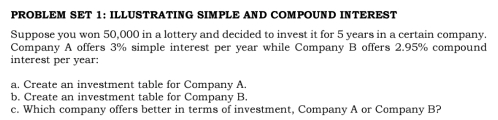 PROBLEM SET 1: ILLUSTRATING SIMPLE AND COMPOUND INTEREST 
Suppose you won 50,000 in a lottery and decided to invest it for 5 years in a certain company. 
Company A offers 3% simple interest per year while Company B offers 2.95% compound 
interest per year : 
a. Create an investment table for Company A. 
b. Create an investment table for Company B. 
c. Which company offers better in terms of investment, Company A or Company B?