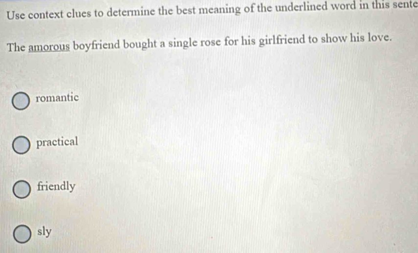 Use context clues to determine the best meaning of the underlined word in this sente
The amorous boyfriend bought a single rose for his girlfriend to show his love.
romantic
practical
friendly
sly