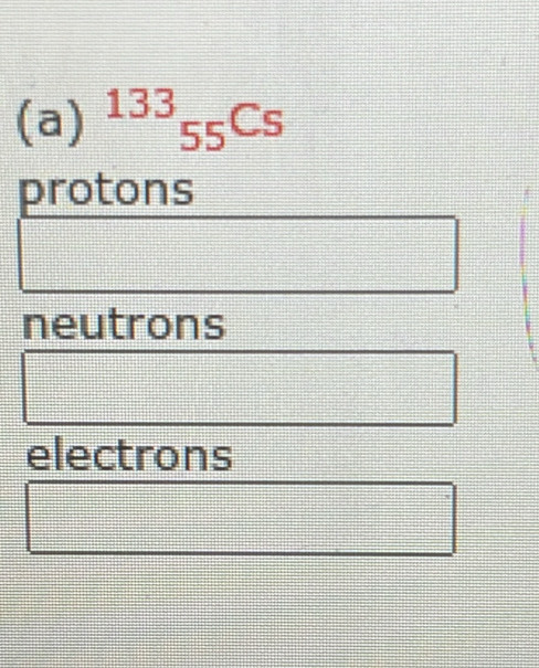 ^133_55Cs
protons
neutrons
electrons