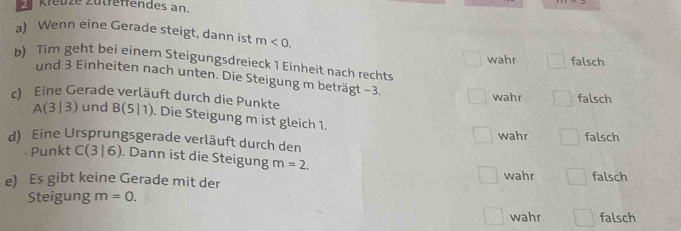 Kreuze Zütreffendes an.
a) Wenn eine Gerade steigt, dann ist m<0</tex>.
wahr falsch
b) Tim geht bei einem Steigungsdreieck 1 Einheit nach rechts
und 3 Einheiten nach unten. Die Steigung m beträgt −3.
c) Eine Gerade verläuft durch die Punkte wahr falsch
A(3|3) und B(5|1). Die Steigung m ist gleich 1.
d) Eine Ursprungsgerade verläuft durch den wahr falsch
Punkt C(3|6) Dann ist die Steigung m=2. 
e) Es gibt keine Gerade mit der wahr falsch
Steigung m=0.
wahr falsch