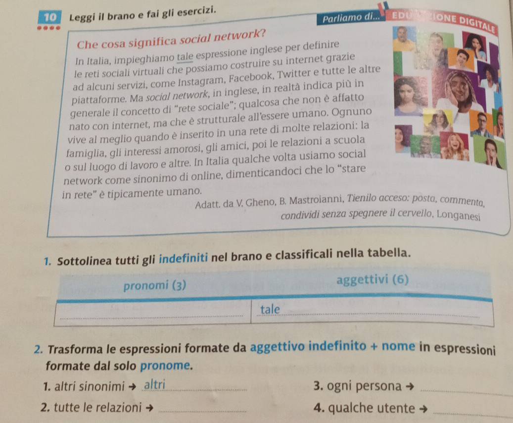 Leggi il brano e fai gli esercizi. 
Parliamo di. 
Che cosa significa social network? 
In Italia, impieghiamo tale espressione inglese per definire 
le reti sociali virtuali che possiamo costruire su internet grazie 
ad alcuni servizi, come Instagram, Facebook, Twitter e tutte le altre 
piattaforme. Ma social network, in inglese, in realtà indica più in 
generale il concetto di “rete sociale”; qualcosa che non è affatto 
nato con internet, ma che è strutturale all’essere umano. Ognuno 
vive al meglio quando è inserito in una rete di molte relazioni: la 
famiglia, gli interessi amorosi, gli amici, poi le relazioni a scuola 
o sul luogo di lavoro e altre. In Italia qualche volta usiamo social 
network come sinonimo di online, dimenticandoci che lo “stare 
in rete" è tipicamente umano. 
Adatt. da V. Gheno, B. Mastroianni, Tienilo acceso: posto, commento, 
condividi senza spegnere il cervello, Longanesi 
1. Sottolinea tutti gli indefiniti nel brano e classificali nella tabella. 
pronomi (3) aggettivi (6) 
_ 
tale 
2. Trasforma le espressioni formate da aggettivo indefinito + nome in espressioni 
formate dal solo pronome. 
1. altri sinonimi altri_ 3. ogni persona_ 
2. tutte le relazioni _4. qualche utente_