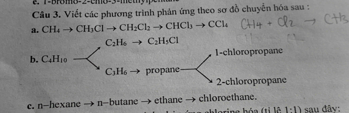 Viết các phương trình phản ứng theo sơ đồ chuyển hóa sau :
a. CH_4to CH_3Clto CH_2Cl_2to CHCl_3to CCl_4
C_2H_6to C_2H_5Cl
b. C_4H_10 1-chloropropane
C_3H_6 propane
2-chloropropane
c. n-hexane n- b ata ne ethane chloroethane.
Jorine hóa (tỉ lê 1:1) sau đây: