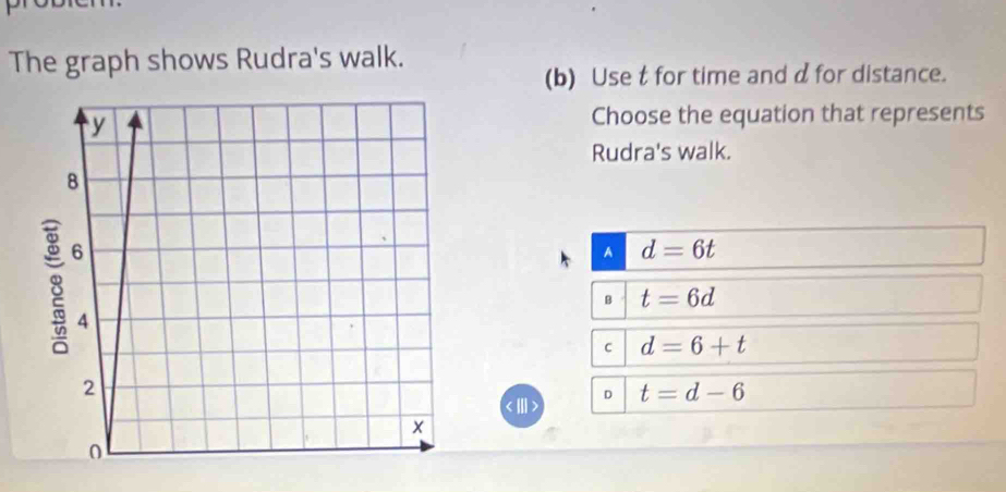 The graph shows Rudra's walk.
(b) Use t for time and d for distance.
Choose the equation that represents
Rudra's walk.
A d=6t
B t=6d
C d=6+t
D t=d-6