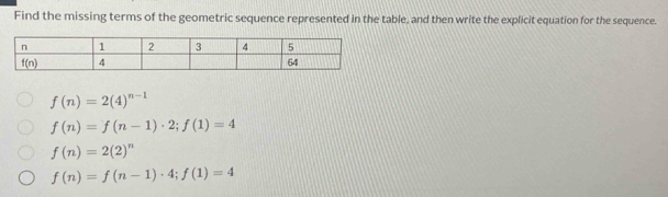 Find the missing terms of the geometric sequence represented in the table, and then write the explicit equation for the sequence.
f(n)=2(4)^n-1
f(n)=f(n-1)· 2;f(1)=4
f(n)=2(2)^n
f(n)=f(n-1)· 4;f(1)=4