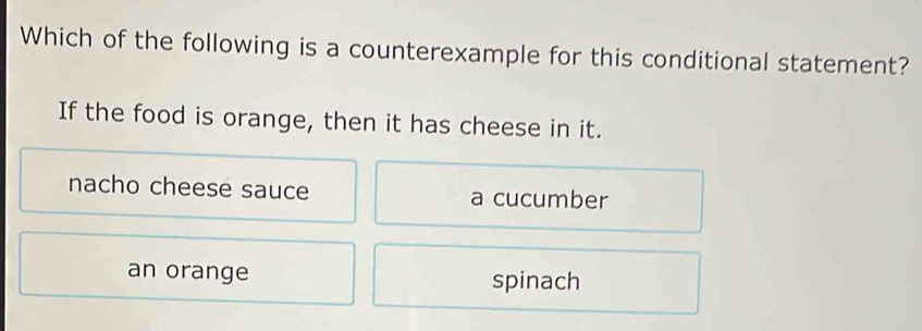 Which of the following is a counterexample for this conditional statement?
If the food is orange, then it has cheese in it.
nacho cheese sauce a cucumber
an orange spinach