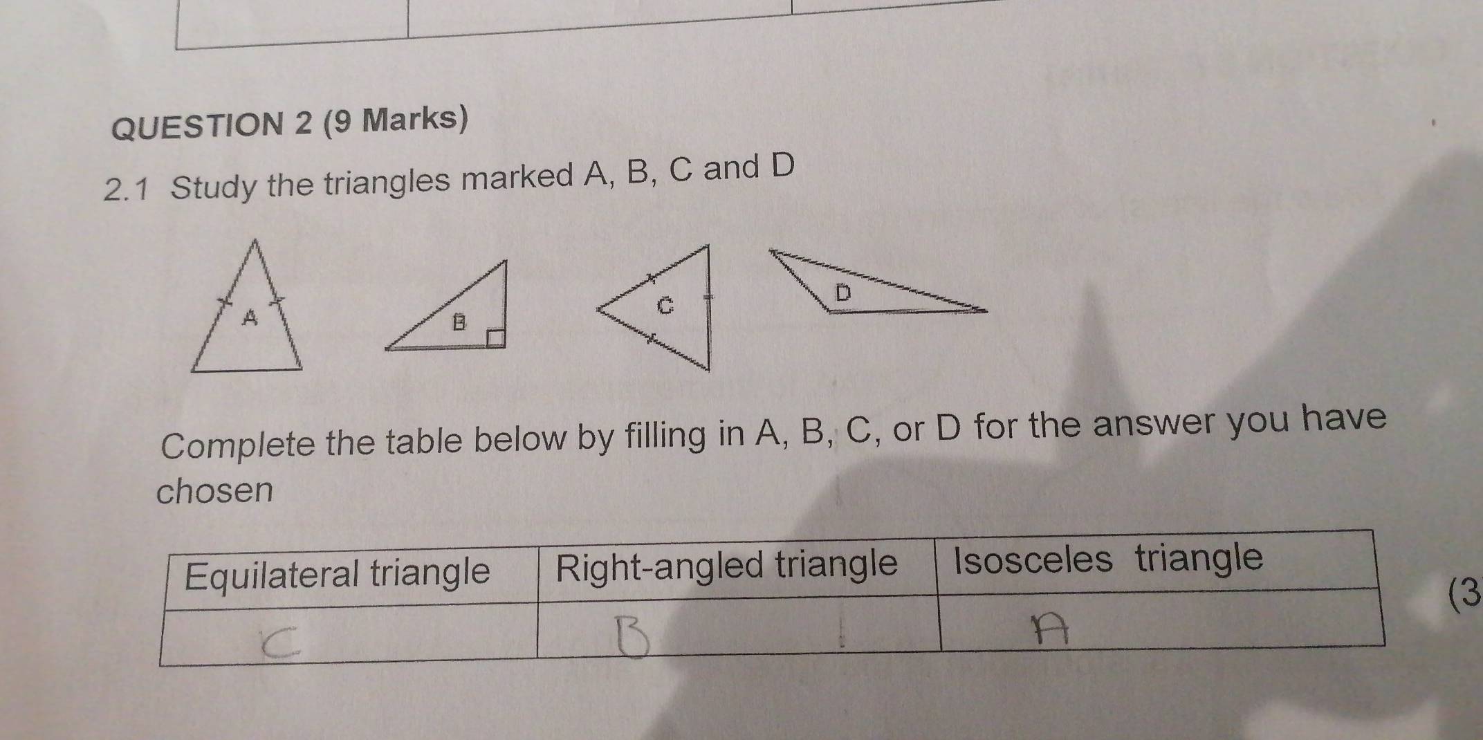 2.1 Study the triangles marked A, B, C and D
Complete the table below by filling in A, B, C, or D for the answer you have 
chosen