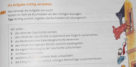 Die Aufgabe richtig verstehen
Was verlangt die Aufgabe von euch?
Notiert im Heft die Buchstaben vor den richtigen Aussagen.
Tipp: Richtig sortiert, ergeben die Buchstaben ein Lösungswort.
Wir sollen ...
E die Lehre der Geschichte nennen.
[ den Inhalt der Geschichte so spannend wie möglich nacherzählen.
p die Merkmale einer Kalendergeschichte benennen.
Hden Inhalt mit eigenen Worten sachlich wiedergeben.
M die eigene Meinung zu der Geschichte aufschreiben.
E im Präsens schreiben.
B wörtliche Rede in indirekte Rede umwandeln.
L die Ereignisse n der zeitlich richtigen Reihenfolge zusammenfassen.