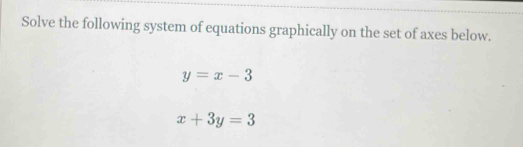 Solve the following system of equations graphically on the set of axes below.
y=x-3
x+3y=3