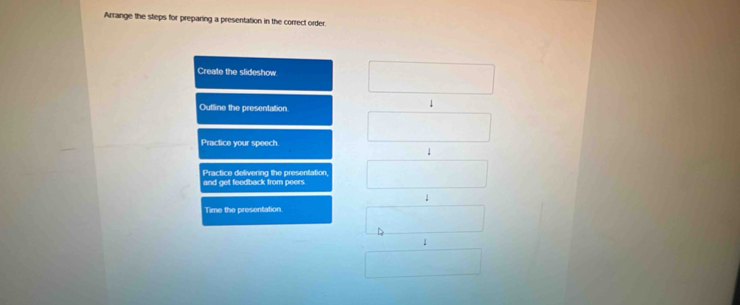 Arrange the steps for preparing a presentation in the correct order 
Create the slideshow. 
Outline the presentation. 
↓ 
Practice your speech 
1 
Practice delivering the presentation, 
and get feedback from peers 
1 
Time the presentation.