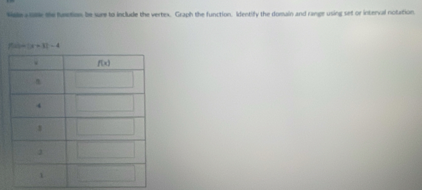 lale a lme the funstion be sure to include the vertex. Graph the function. Identify the domain and range using set or interval notation
f(x)=(x+3)-4