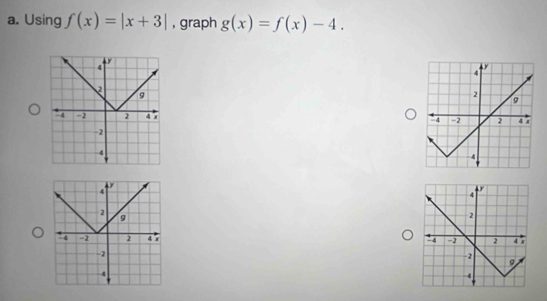 Using f(x)=|x+3| , graph g(x)=f(x)-4.