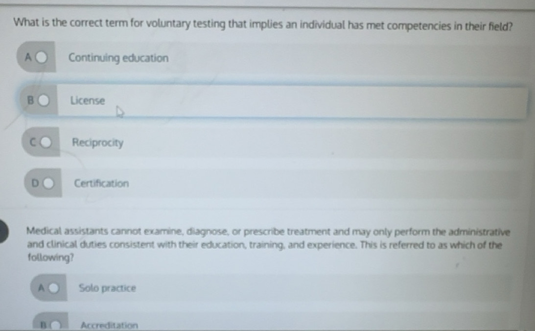 Solved: What is the correct term for voluntary testing that implies an ...