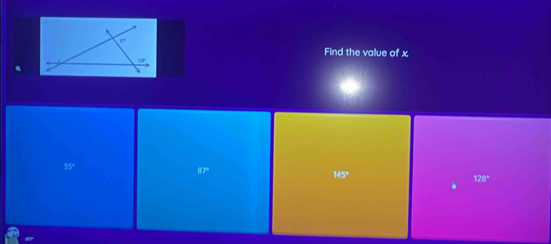 17°
Find the value of x
128°
35°
87°
145°
128°