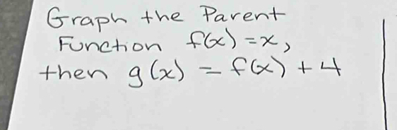 Graph the Parent
Function f(x)=x, 
then g(x)=f(x)+4