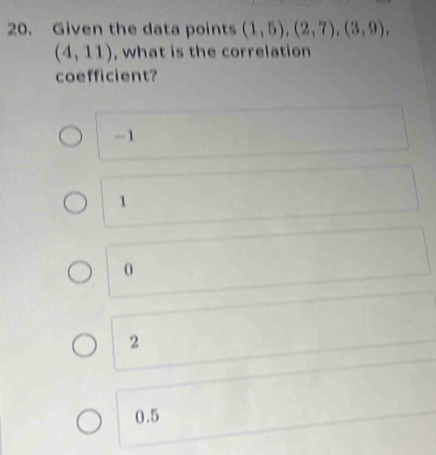 Given the data points (1,5), (2,7), (3,9),
(4,11) , what is the correlation
coefficient?
-1
1
0
2
0.5