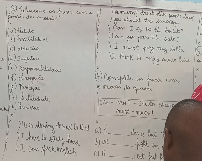 ③ Relacione an frases com as ( Iwe musn't treat othen people bad 
funcon doo metais ( ) you should ntep Amoking 
(a) Badido 
( I Cam I go to the teilet? e 
(b) Pebilidlade 
) Can you prans the salt? 
X 
(c) didugāo 
) I must pay my bills. 
na (d) sugetāo 
) I think he mdy anout lote. a 
X 
O (2) Reyponsalilidaol X 
(4 ) dnga(āo 
④ Compete as fraoe com 
(9) Phenbicāo 
o) modeis do quadio 
X 
(h) habildad CAN- CANT - SHOUlD-SHOULD 
mou Li)Pamināo 
must-mustn't 
X 
) Ha in sleeping themunt bo Iiod a) 9. dance bout o 
() I have to study fhood _fight in 
() I can plk English c) H__ 
eat fast ft