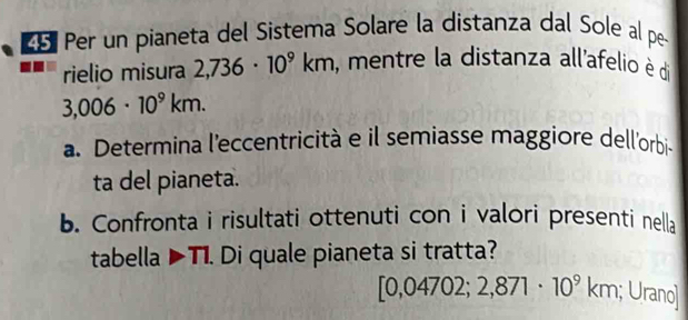 º Per un pianeta del Sistema Solare la distanza dal Sole al pe 
rielio misura 2,736· 10^9km , mentre la distanza all'afelio è di
3,006· 10^9km. 
a. Determina l'eccentricità e il semiasse maggiore dell'orbi- 
ta del pianeta. 
b. Confronta i risultati ottenuti con i valori presenti nella 
tabella ▶TI. Di quale pianeta si tratta?
[0,04702; 2,871· 10^9km; ; Urano]