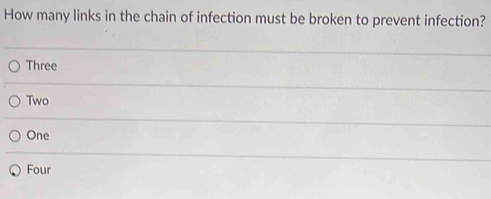 How many links in the chain of infection must be broken to prevent infection?
Three
Two
One
Four