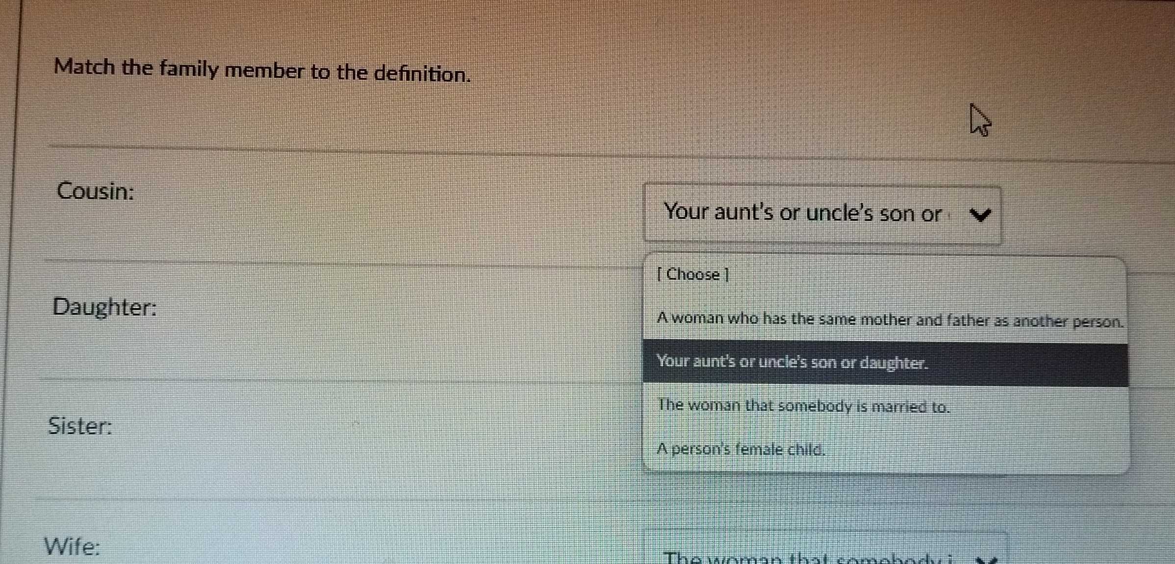 Match the family member to the definition.
Cousin:
Your aunt's or uncle's son or
[ Choose ]
Daughter: A woman who has the same mother and father as another person.
Your aunt's or uncle's son or daughter.
The woman that somebody is married to.
Sister:
A person's female child.
Wife:
The woman that comahad