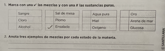 Marca con una ✔ las mezclas y con una X las sustancias puras. 
2. Anota tres ejemplos de mezclas por cada estado de la materia. 
_ 

_