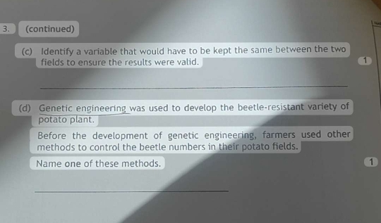  (continued) 
(c) Identify a variable that would have to be kept the same between the two 
fields to ensure the results were valid. ① 
_ 
_ 
(d) Genetic engineering was used to develop the beetle-resistant variety of 
potato plant. 
Before the development of genetic engineering, farmers used other 
methods to control the beetle numbers in their potato fields. 
Name one of these methods. 
1 
_