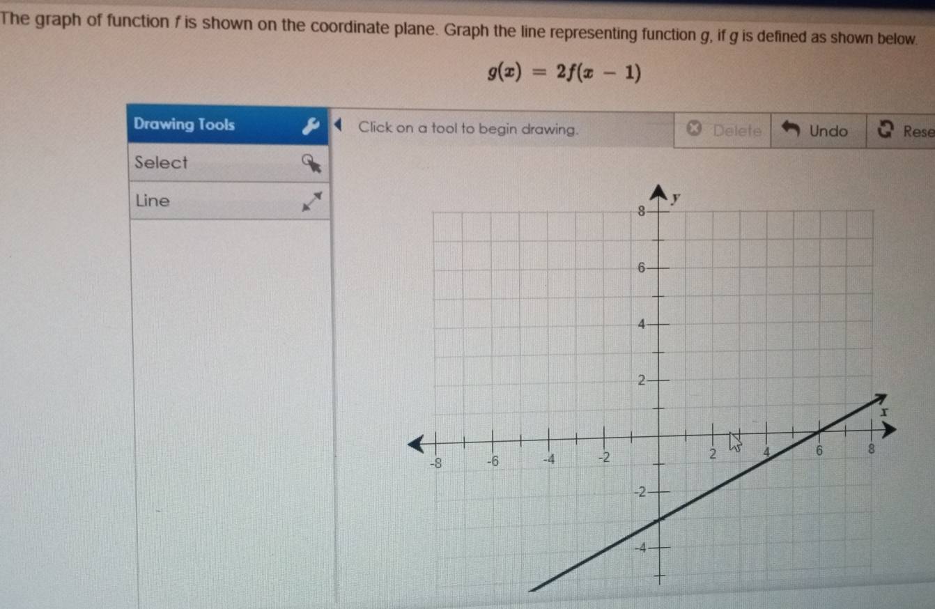 The graph of function f is shown on the coordinate plane. Graph the line representing function g, if g is defined as shown below.
g(x)=2f(x-1)
Drawing Tools Click on a tool to begin drawing. Delete Undo Rese 
Select 
Line