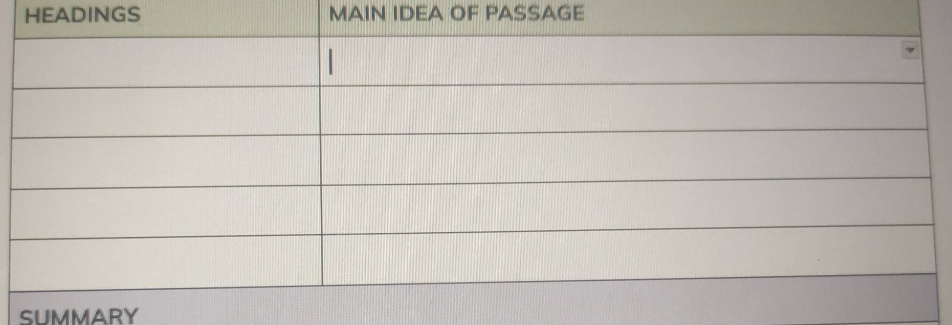 HEADINGS MAIN IDEA OF PASSAGE 
SUMMARY