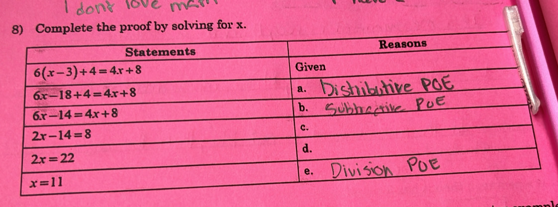 Complete the proof by solving for x.