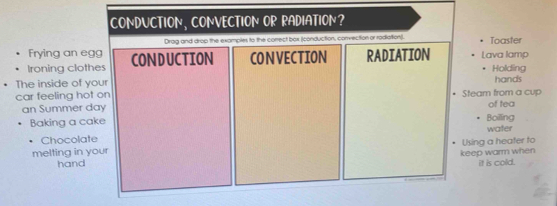 Solved: CONDUCTION, CONVECTION OR RADIATION? Drag and drop the examples ...